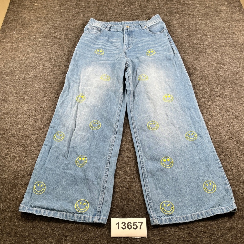 Smiley World Jeans Girls 15/16 Blue Denim Cotton Stretch Embroidered Wide Leg